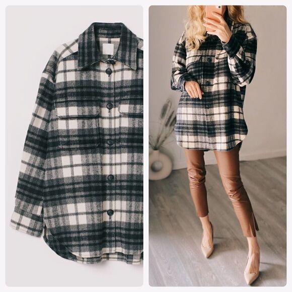 Shacket Jacket Overshirt H&M black white plaid new - Picture 4 of 6